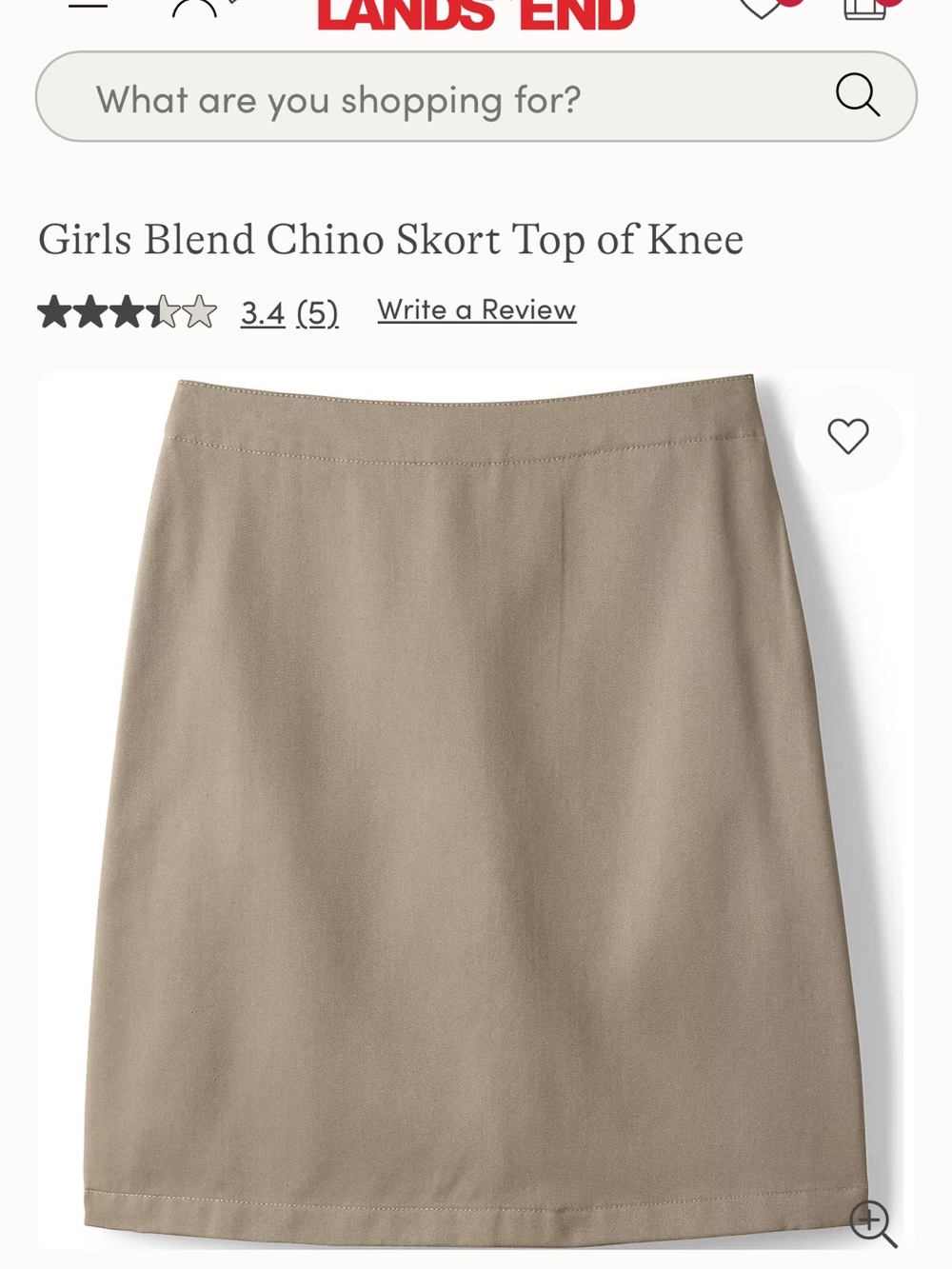 Lands' End Girls' Chino Skort Size 7 in Khaki Tan NWT